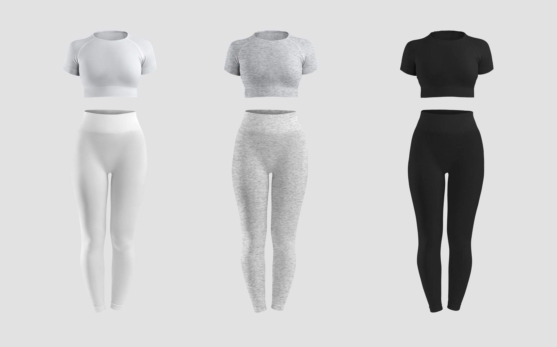 Mockup of white, heather, black compression suit, 3D rendering, crop top, leggings, isolated on background. Set front view